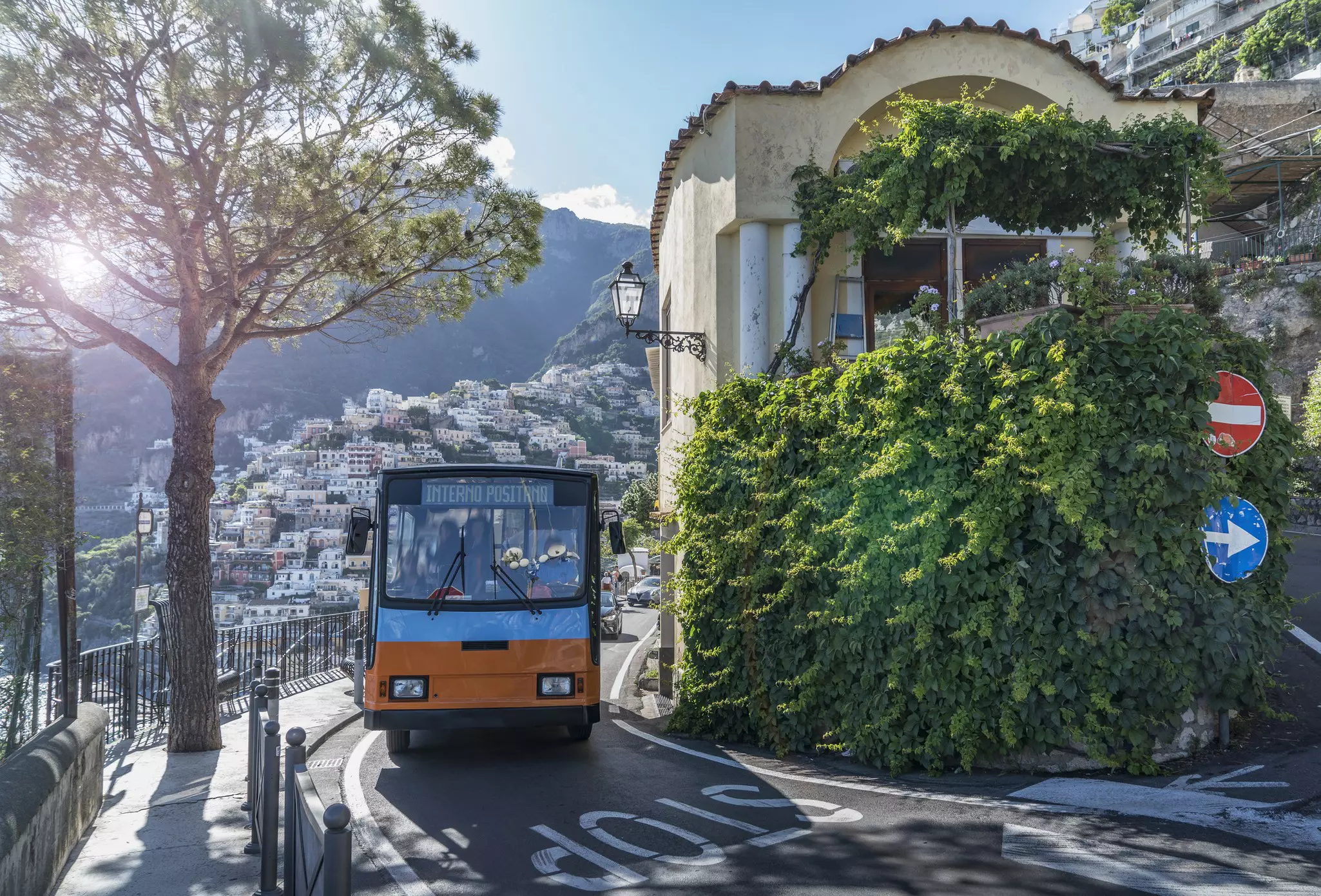 A public bus in the narrow streets of Positano. Italy. Amalfi Coast.