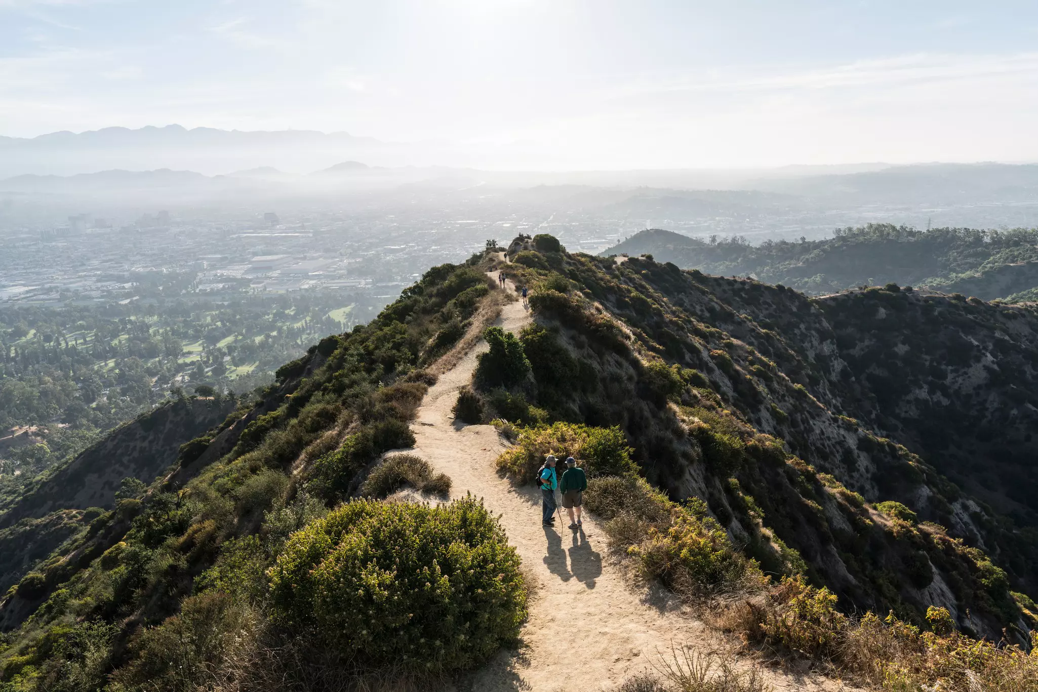Hikers in Griffith Park look out over downtown Los Angeles, California, in the early morning.