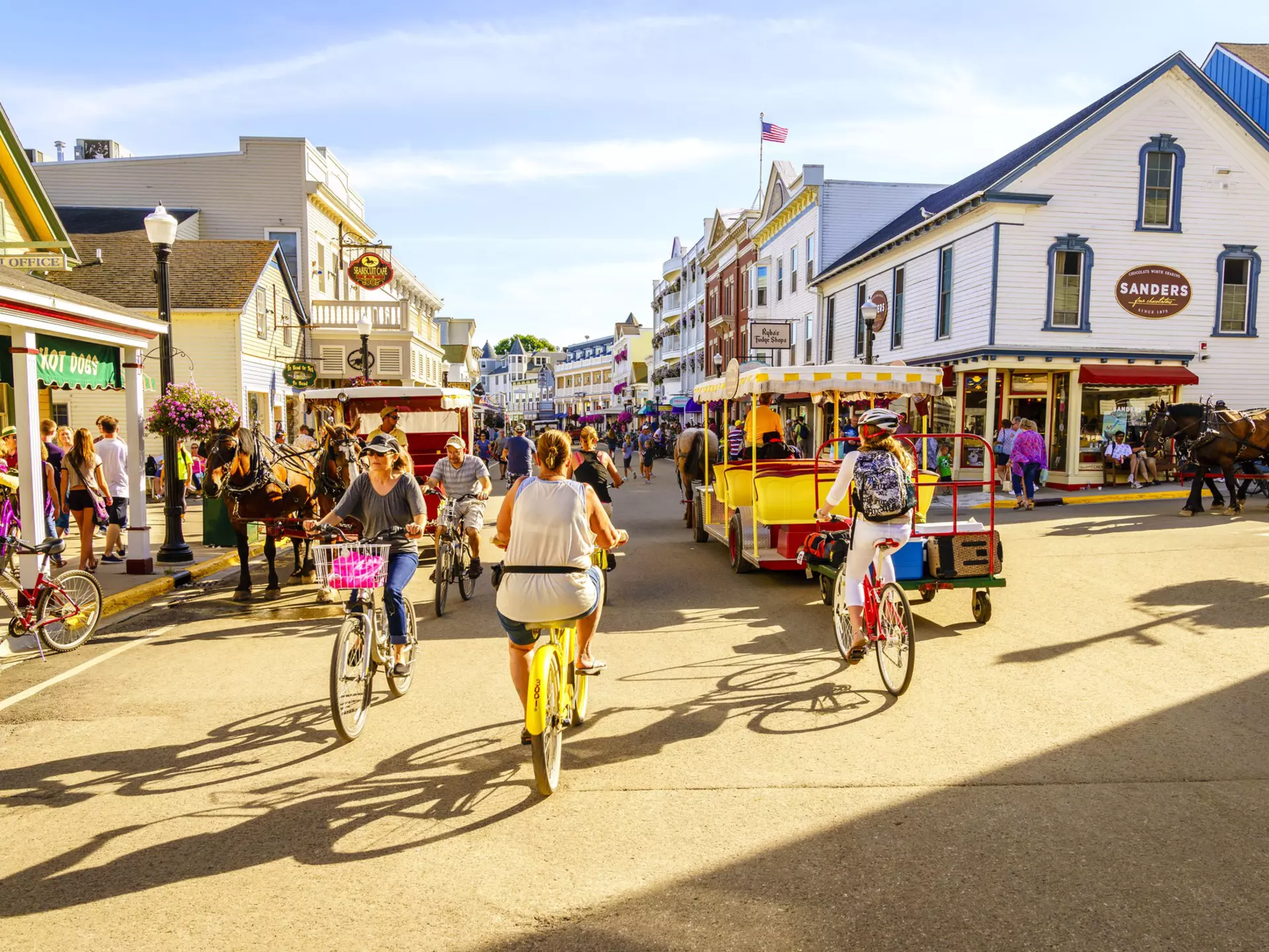 Slow down on Mackinac Island, which famous for its ubiquitous bikes, horse-drawn carriages and gorgeous lake views. Alexey Stiop/Shutterstock