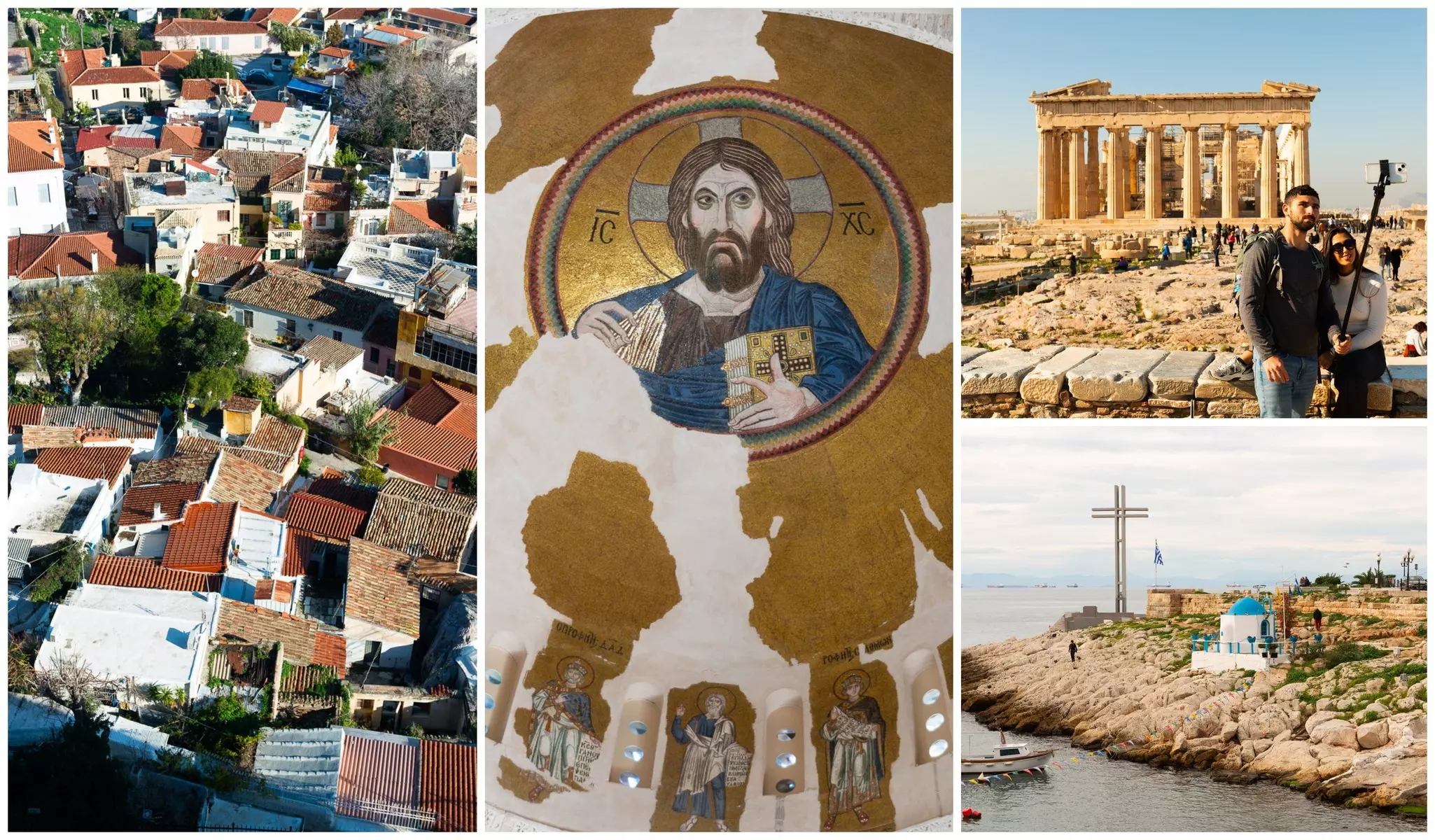 Left: Anafiotika, a neighborhood located at the foot of the Acropolis. Centre: Twelfth-century mosaic murals inside the Monastery of Daphni. Top right: Tourists at the Acropolis. Bottom right: A bay in Piraeus © Austin Bush
