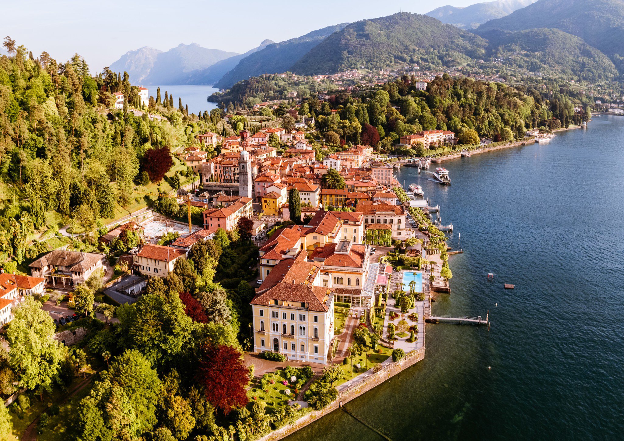 Aerial of Bellagio town on lake Como.