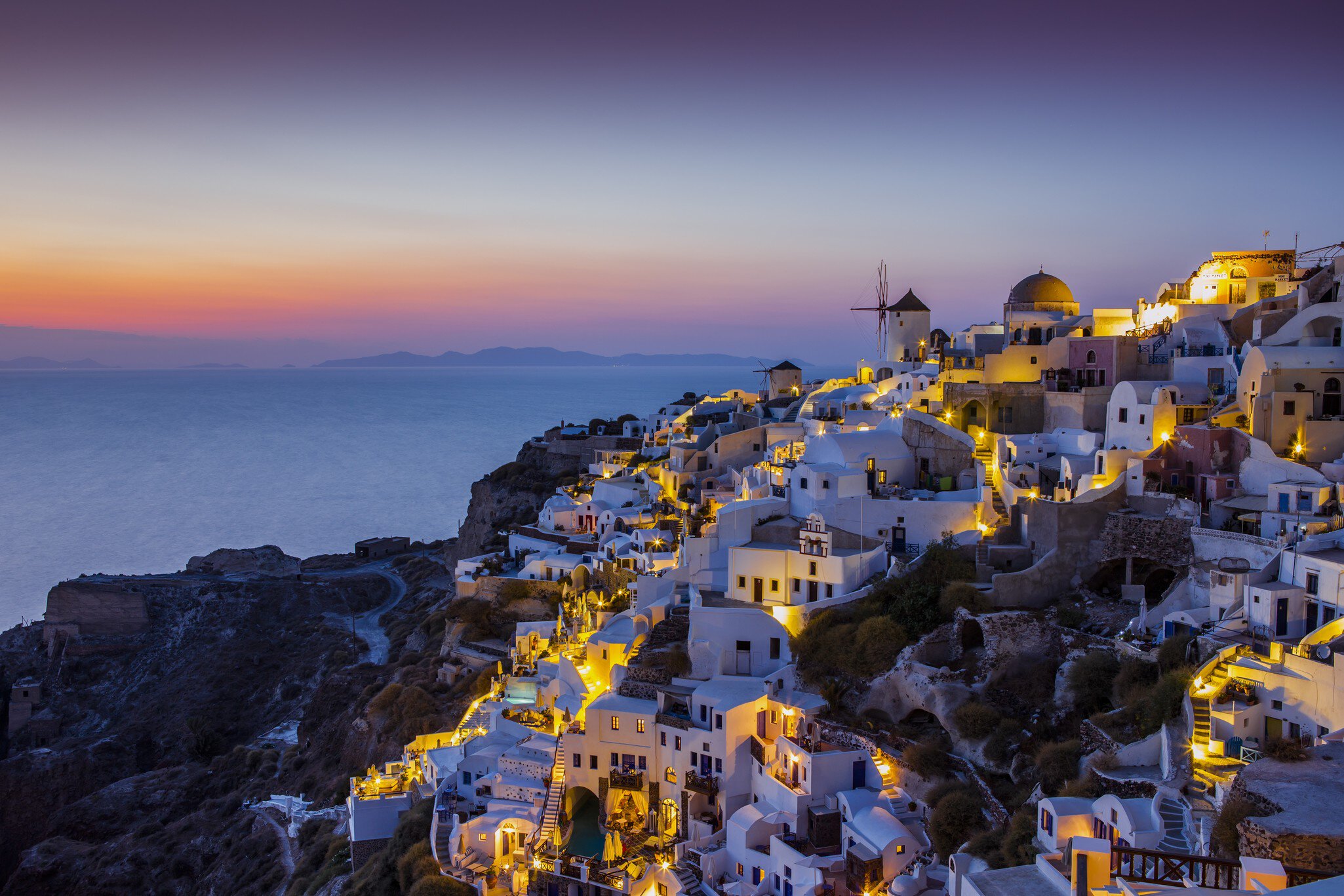 Buildings on hillside, Santorini, Greece