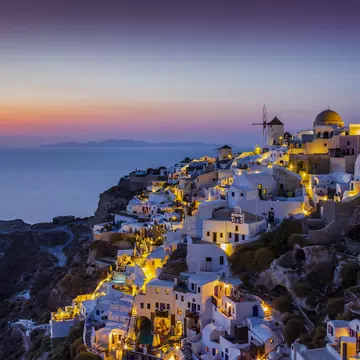 Buildings on hillside, Santorini, Greece