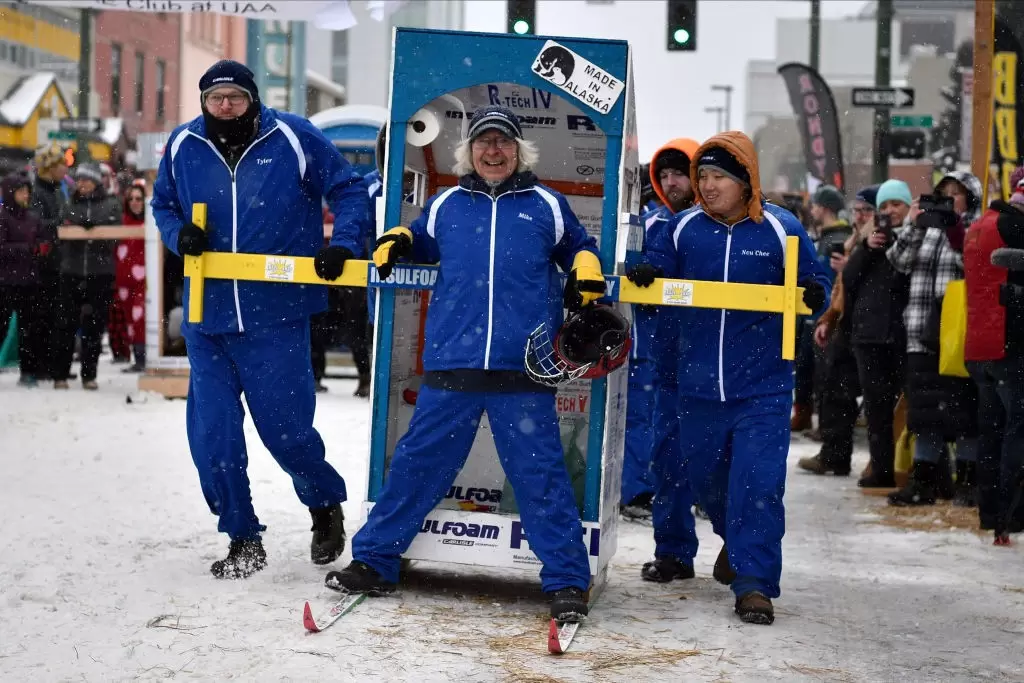 Participants in the annual Outhouse Races at the Fur Rondy in Anchorage, Alaska.