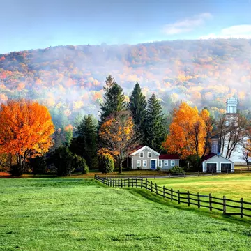 Autumn fog in the village of Tyringham in the Berkshires region of Massachusetts