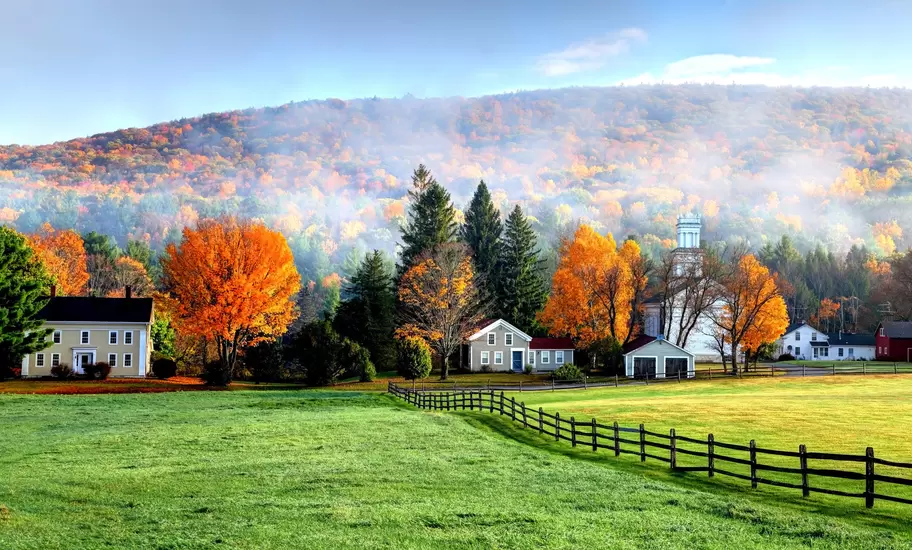 Autumn fog in the village of Tyringham in the Berkshires region of Massachusetts