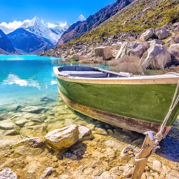 Beautiful Natural Scenery in Lake Paron with a beautiful turquoise blue water color, Cordillera Blanca, Peruvian Mountains, South America