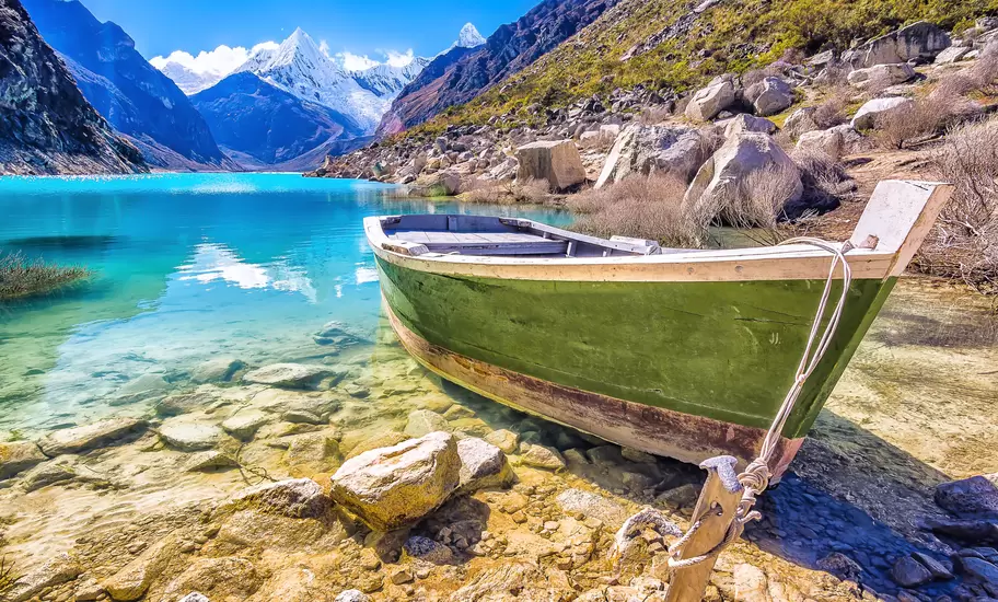 Beautiful Natural Scenery in Lake Paron with a beautiful turquoise blue water color, Cordillera Blanca, Peruvian Mountains, South America