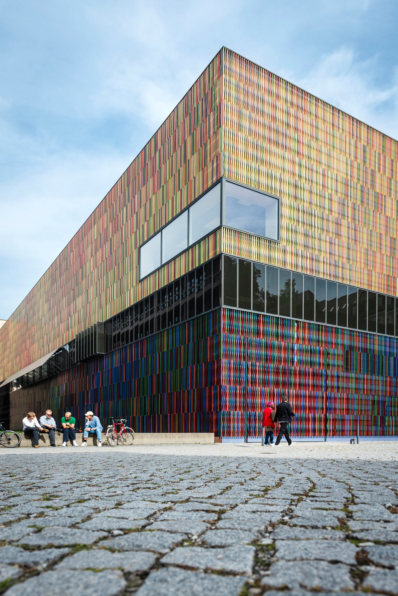 The bold exterior facade marks the unmistakable entrance to the Museum Brandhorst in Munich, Germany.