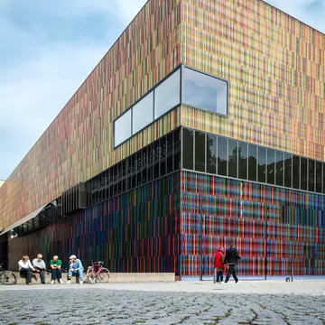 The bold exterior facade marks the unmistakable entrance to the Museum Brandhorst in Munich, Germany.