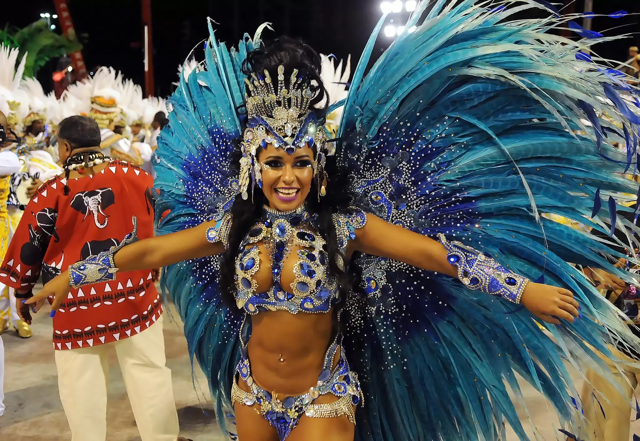 View of a performer in the Parade of the Samba Schools during the Carnival of Rio de Janeiro, Brazil.