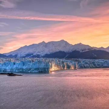 Sunrise over the Hubbard Glacier and surrounding mountains in Alaska