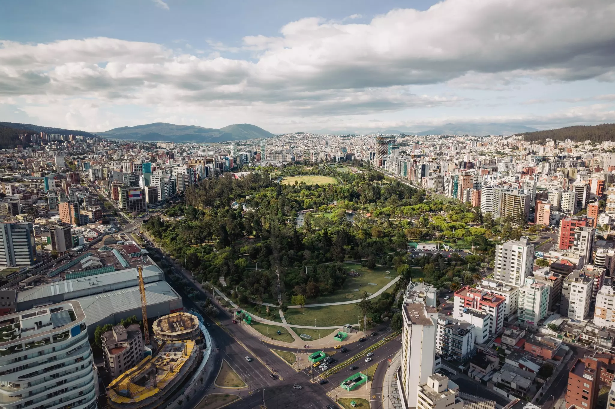 Aerial view of La Carolina Park in the city of Quito, Ecuador, the financial district of the city.