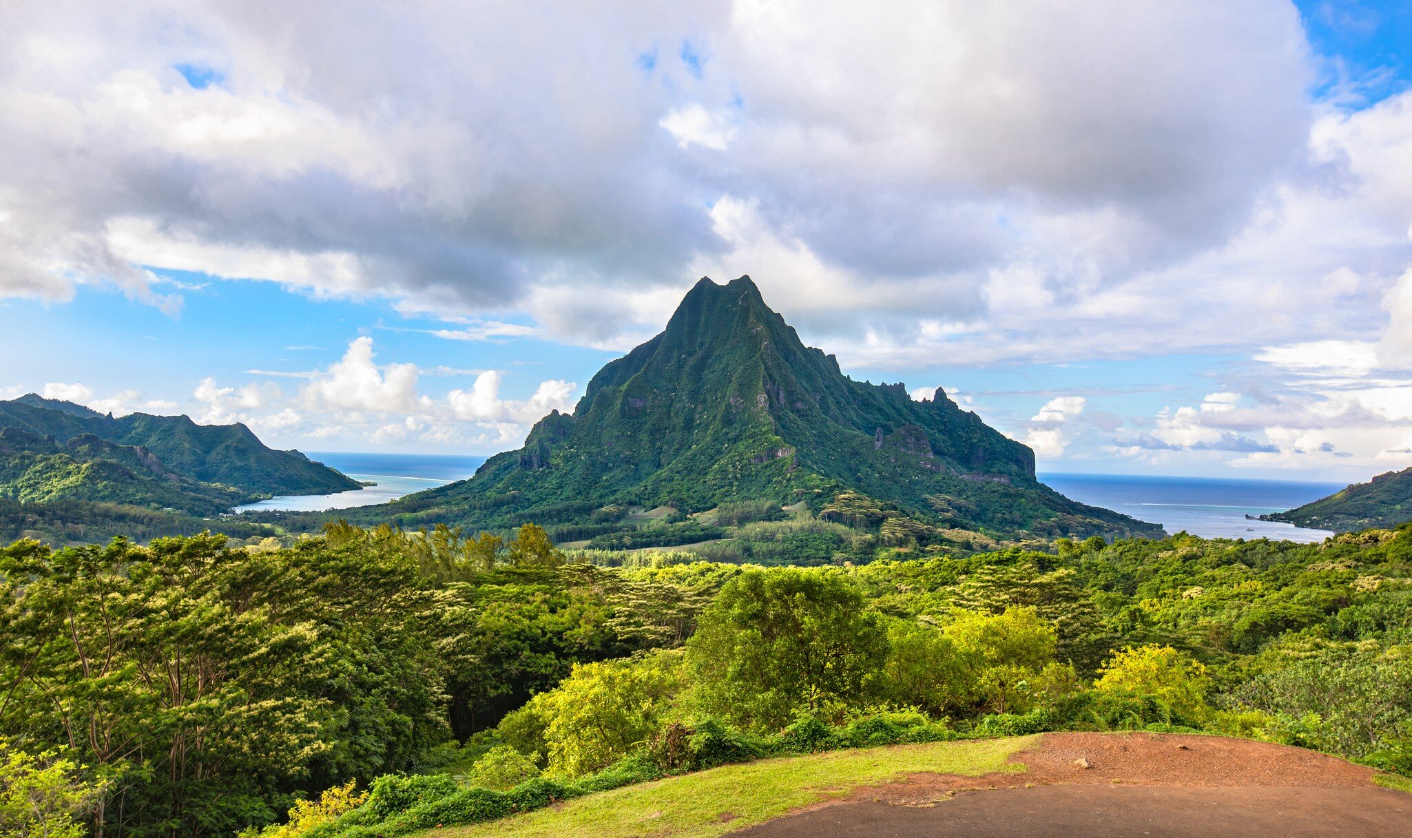 Belvedere lookout - view of Mount Rotui with Cooks bay and Opunohu bay, Moorea, Tahiti French Polynesia, Society Islands, License Type: media, Download Time: 2025-04-11T14:24:25.000Z, User: aniabartoszek, Editorial: false, purchase_order: 56530 - Guidebooks, job: Global Publishing-WIP, client: Experience South Pacific 1, other: Ania Lenihan