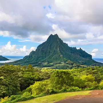 Belvedere lookout - view of Mount Rotui with Cooks bay and Opunohu bay, Moorea, Tahiti French Polynesia, Society Islands, License Type: media, Download Time: 2025-04-11T14:24:25.000Z, User: aniabartoszek, Editorial: false, purchase_order: 56530 - Guidebooks, job: Global Publishing-WIP, client: Experience South Pacific 1, other: Ania Lenihan