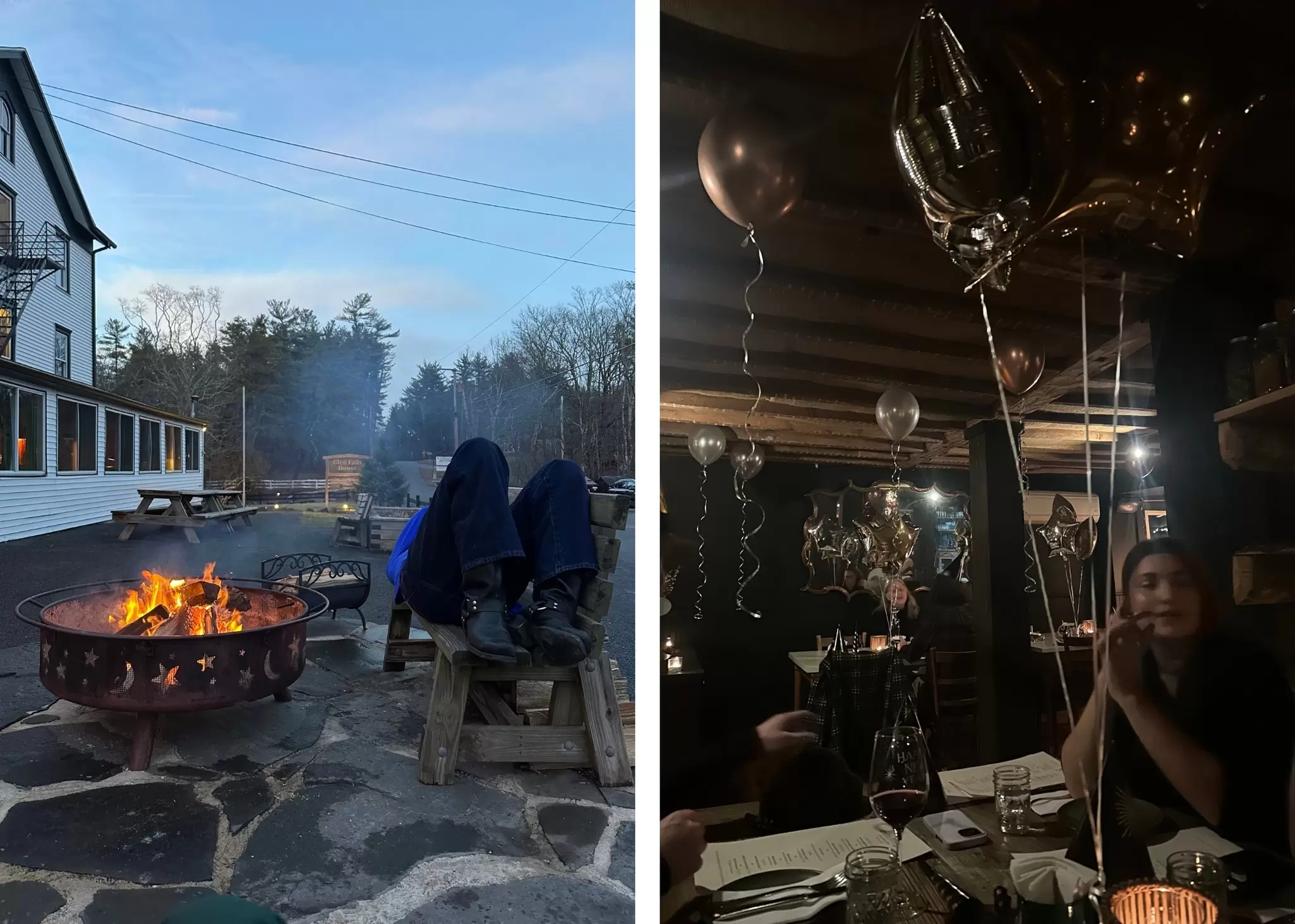 Left: A lit fire pit outdoors at dusk; right: a darkened restaurant with silver balloons.