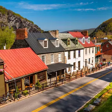 View of historic buildings and shops on High Street in Harper's Ferry, West Virginia.  License Type: media  Download Time: 2023-12-13T10:18:44.000Z  User:   Is Editorial: No  purchase_order:   