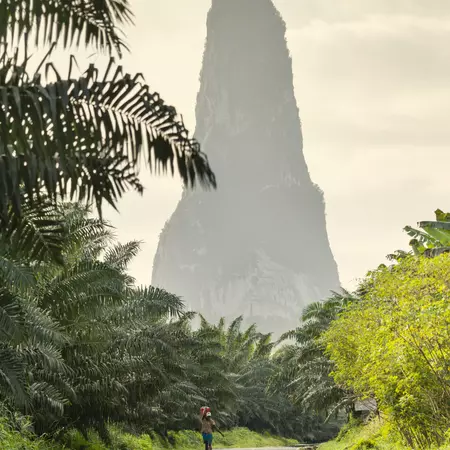 Pico Cão Grande, a 668m rock tower rising from the southern hinterland of São Tomé.