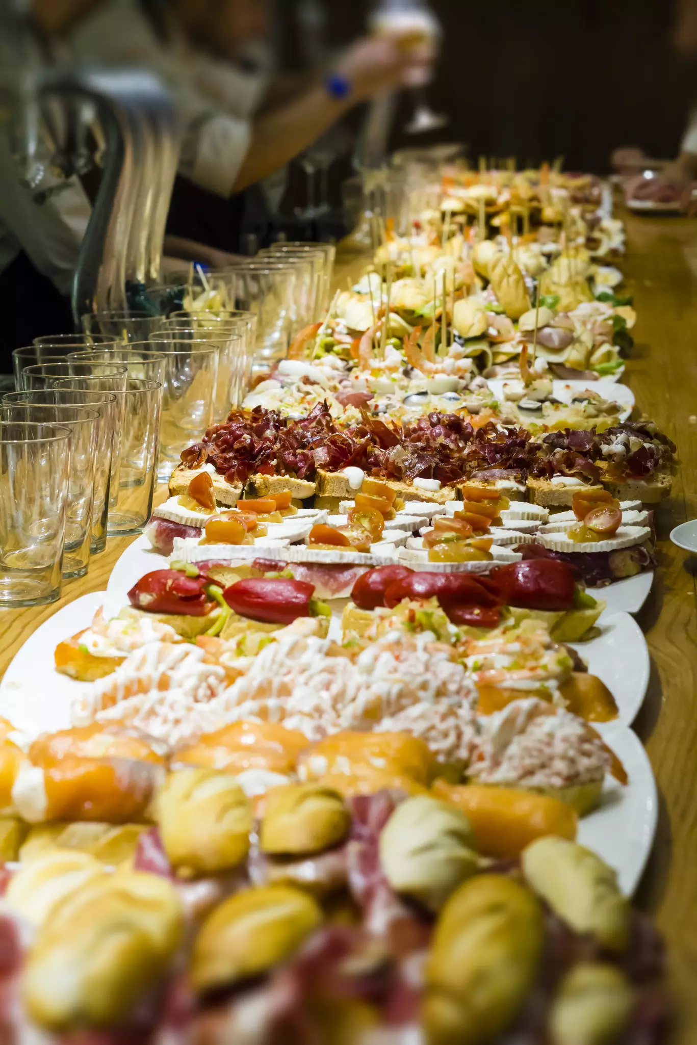 Spanish snacks (pintxos) on the counter of the tapas bar