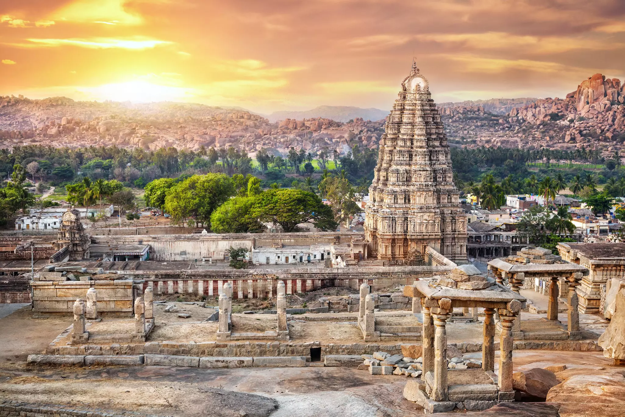 Virupaksha temple view from Hemakuta hill at sunset in Hampi, Karnataka, India.