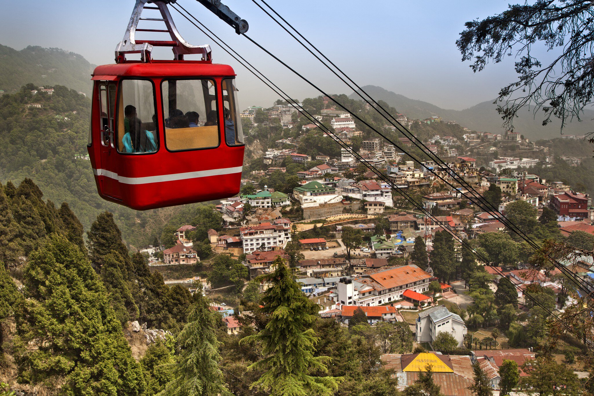 Overhead Cable Car houses in the background, Gun Hill, Mussoorie, Uttarakhand, India