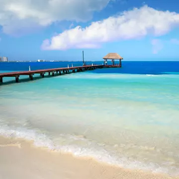 View of the water at Playa Langosta in Cancún, Mexico.
