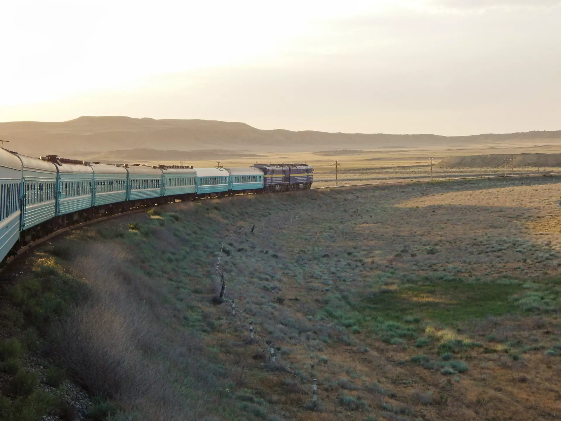 A train crosses the steppes in Kazakhstan. ekipaj/Getty Images