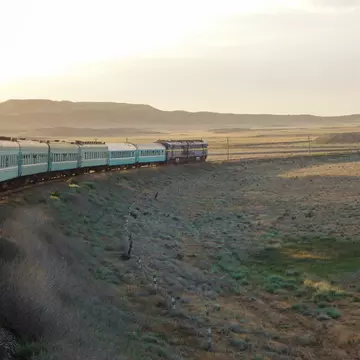 A train crosses the steppes in Kazakhstan. ekipaj/Getty Images