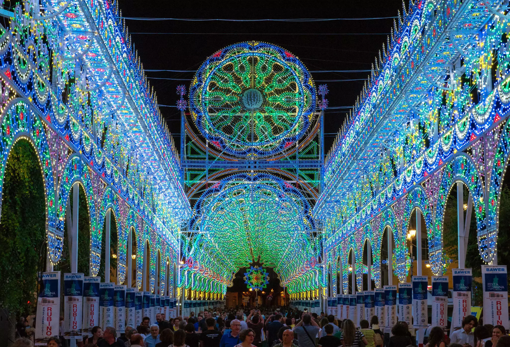 June 30, 2018: Light display at night for the feast of the patron saint 'Festa della Bruna' in the Sassi old town.