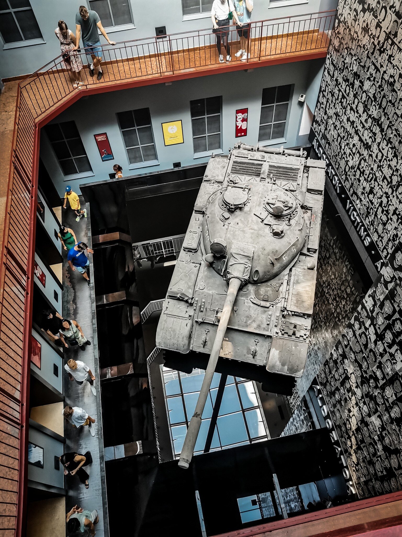 Aerial view of a tank inside the House of Terror in Budapest, Hungary.