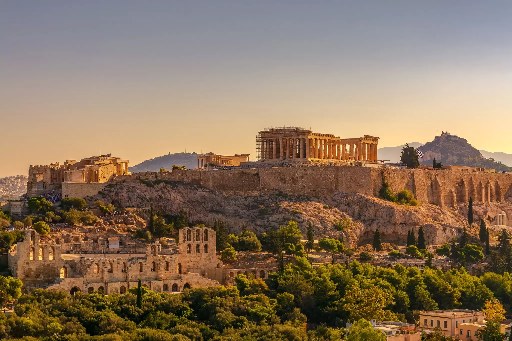 View of Acropolis of Athens with Parthenon and Erechtheion from Filopappou hill. Herodium, Lycabettus and Acropolis of Athens view from Filopappou hill a summer sunny day, License Type: media, Download Time: 2025-07-14T15:28:44.000Z, User: rhylton_redventures, Editorial: false, purchase_order: 65050 - Digital Destinations and Articles, job: Lonely Planet, client: wip, other: Rhianydd Hylton