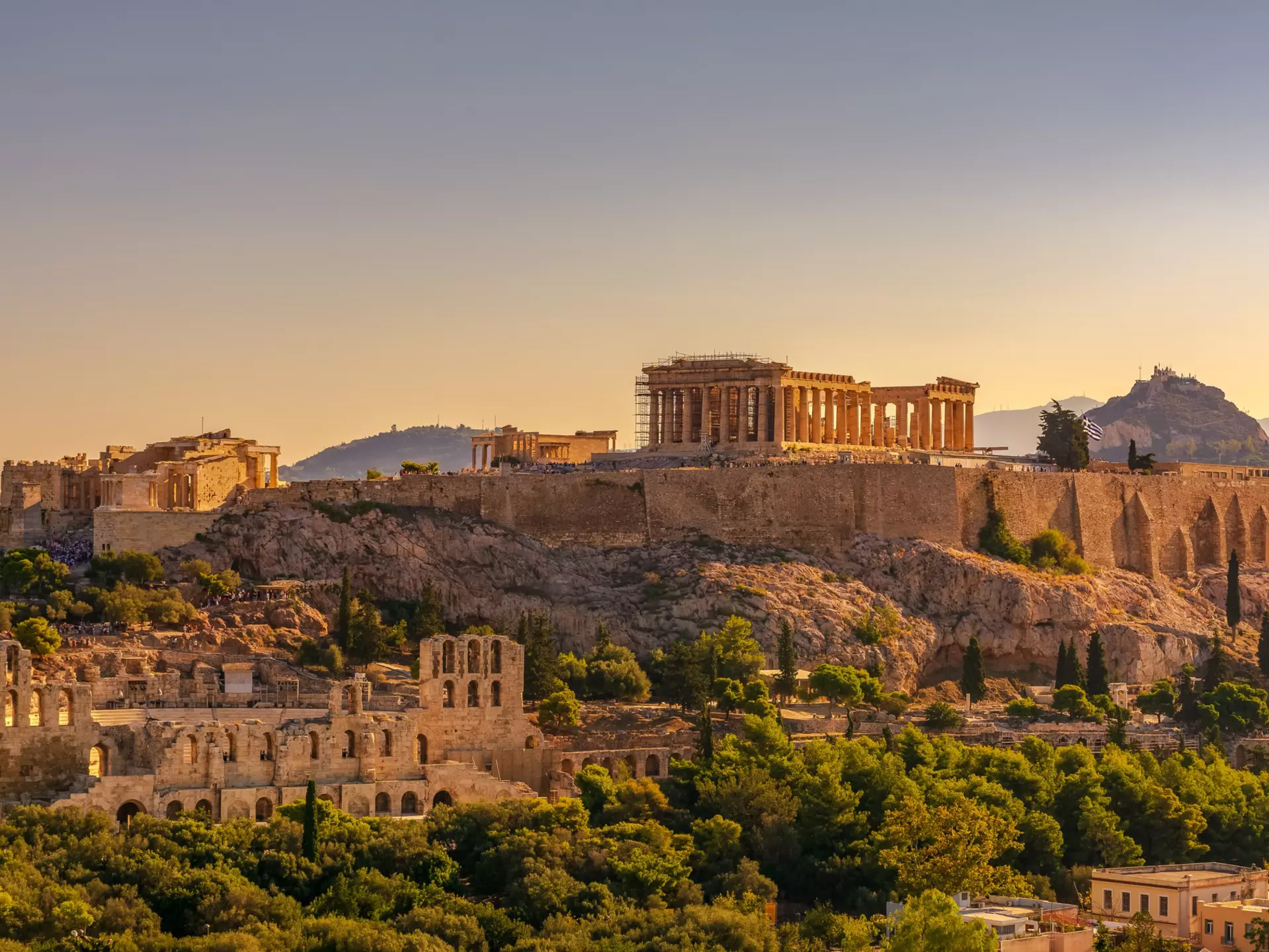 View of Acropolis of Athens with Parthenon and Erechtheion from Filopappou hill. Herodium, Lycabettus and Acropolis of Athens view from Filopappou hill a summer sunny day, License Type: media, Download Time: 2025-07-14T15:28:44.000Z, User: rhylton_redventures, Editorial: false, purchase_order: 65050 - Digital Destinations and Articles, job: Lonely Planet, client: wip, other: Rhianydd Hylton