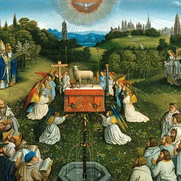The adoration of the lamb Chromolithograph after Jan van Eyck. Vintage Catholic artwork. Vintage catholic painting, religious scene. , License Type: media, Download Time: 2026-04-24T18:39:29.000Z, User: LP_NZhan, Editorial: false, purchase_order: 65050 - Digital Destinations and Articles, job: App Content, client: Lonely Planet App, other: Nadine Zhan