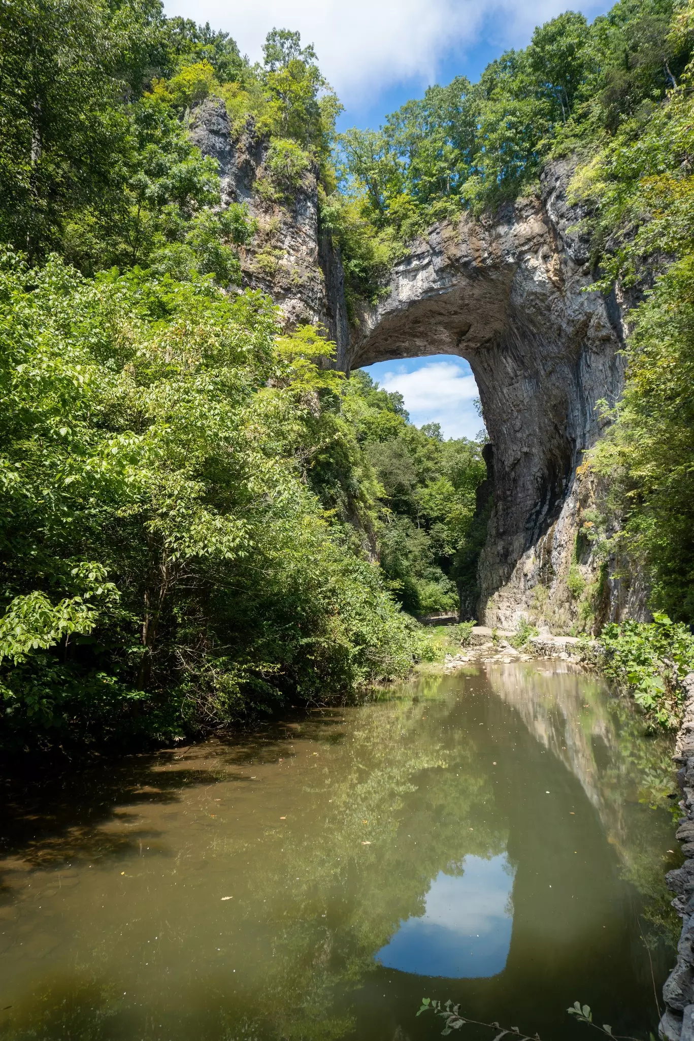 Natural Bridge State Park in Virginia. Geological formation natural arch within a gorge carved from the surrounding mountainous limestone terrain by Cedar Creek.