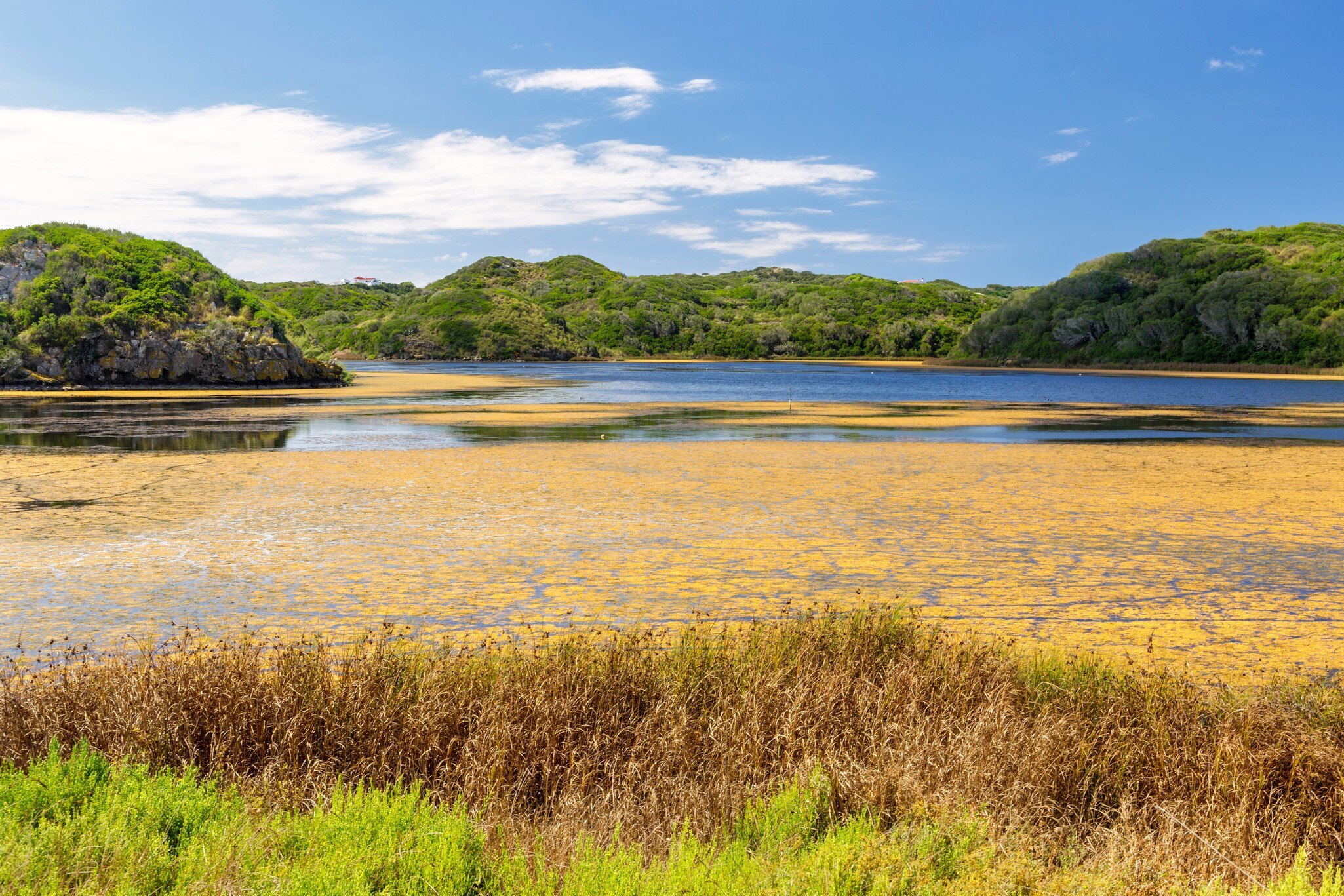 View over a body of water at the Parc Natural S’Albufera des Grau on the island of Menorca, Spain.