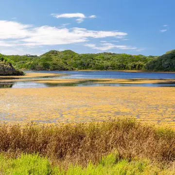 View over a body of water at the Parc Natural S’Albufera des Grau on the island of Menorca, Spain.