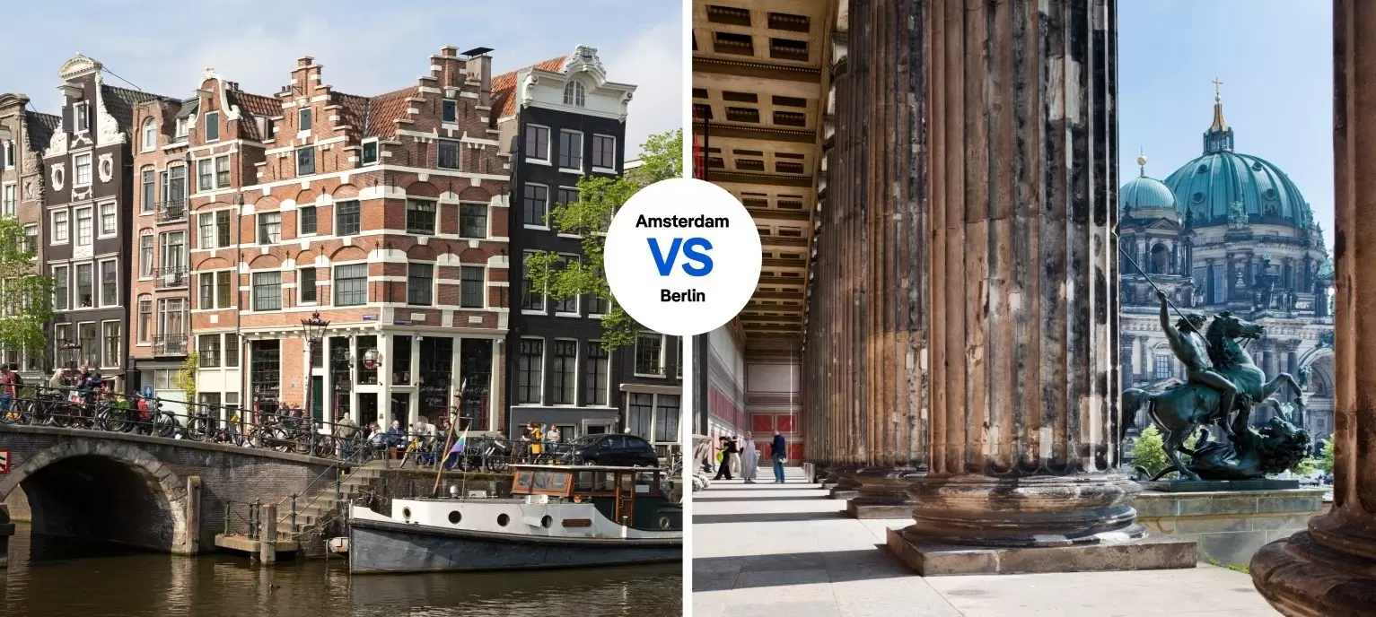 L: Café Papeneiland in the Jordaan district of Amsterdam. S. Vincent/Shutterstock; R: Altes Museum and Berlin Cathedral. Jorg Greuel/Getty Images