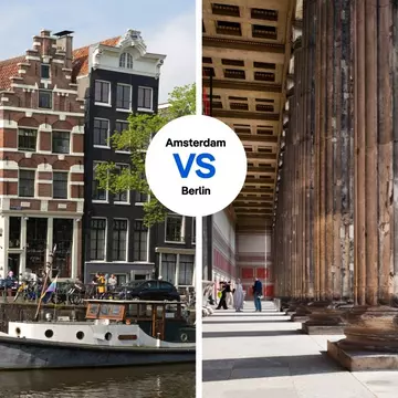 L: Café Papeneiland in the Jordaan district of Amsterdam. S. Vincent/Shutterstock; R: Altes Museum and Berlin Cathedral. Jorg Greuel/Getty Images
