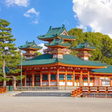 Kyoto, Japan - April 2 2023: Heian Shrine built on the occasion of 1100th anniversary of the capital's foundation in Kyoto, dedicated to the spirits of the first and last emperors who reigned the city  License Type: media  Download Time: 2024-05-22T23:43:18.000Z  User: mvm_lonelyplanet  Is Editorial: Yes  purchase_order:   