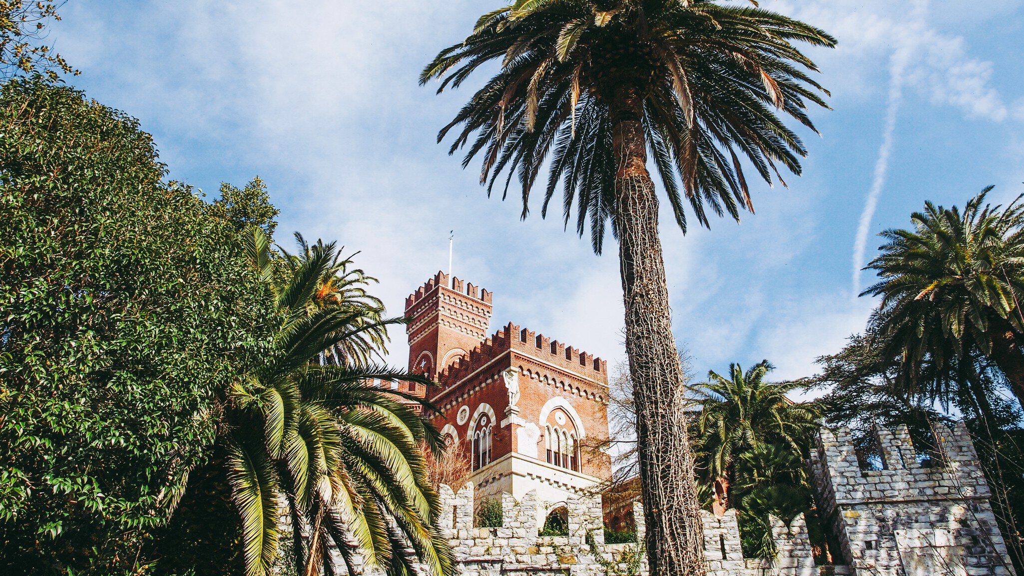 A castle turret is framed by palm trees and stone walls on a sunny day.
