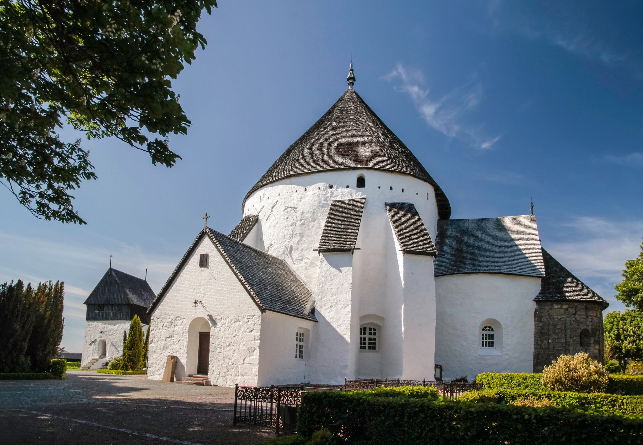 Facade of the church Osterlars Kirke in Bornholm, Denmark.
