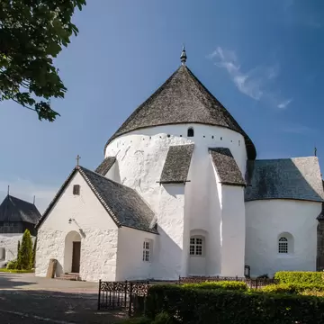 Facade of the church Osterlars Kirke in Bornholm, Denmark.