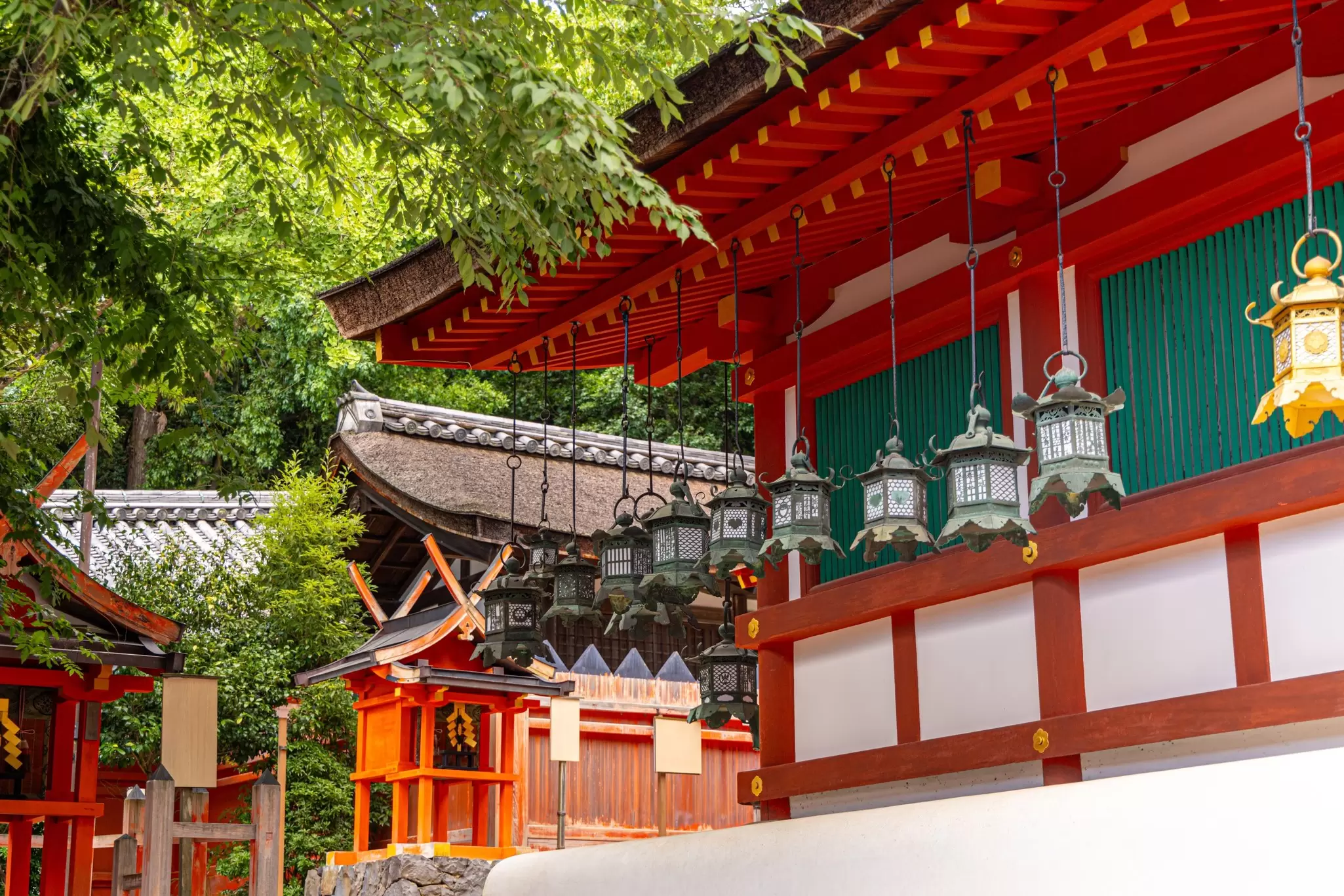 View of lanterns and the buildings of the Kasuga Taisha in Nara, Japan.