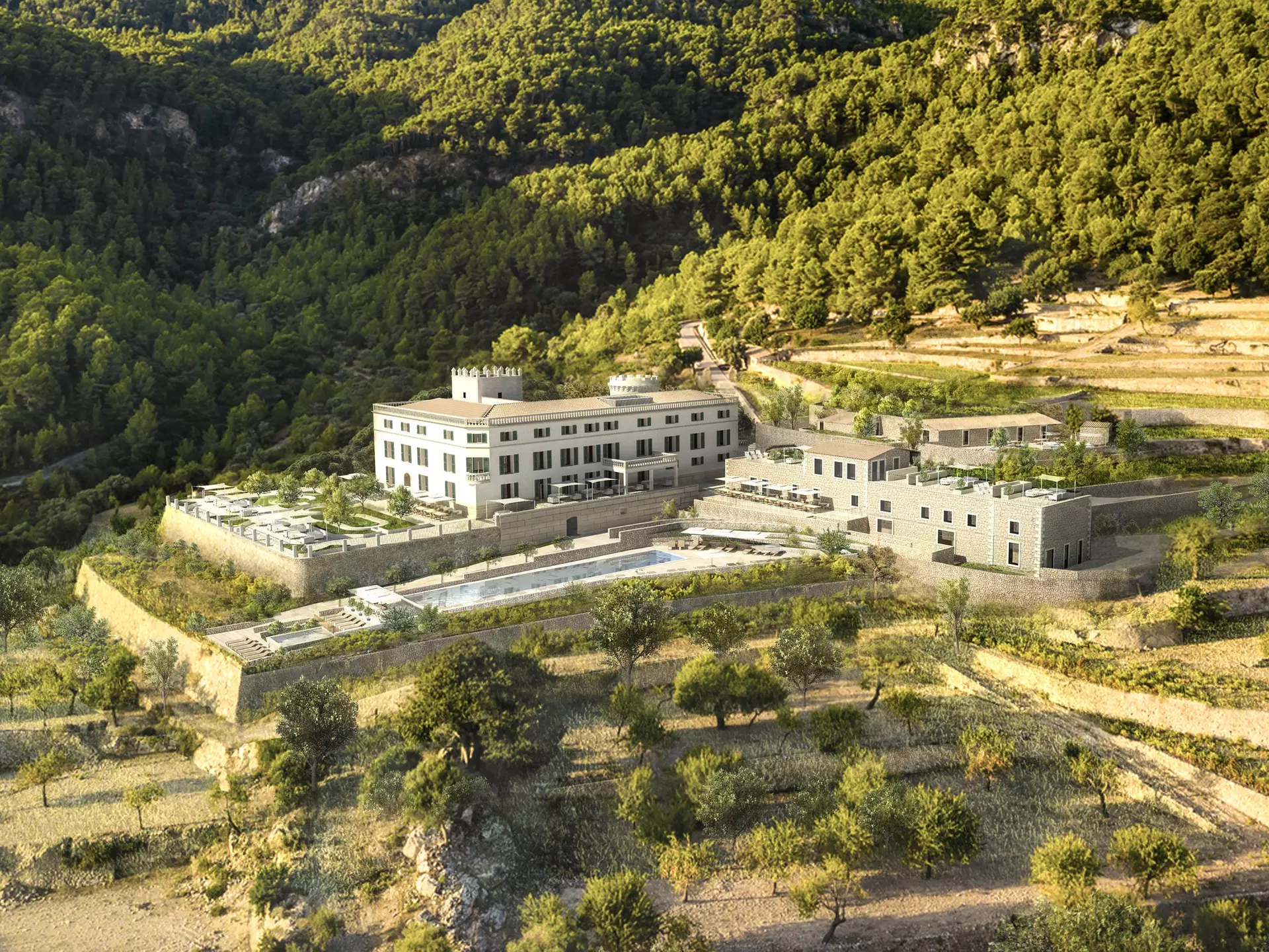 An aerial rendering of the Son Bunyola Hotel in Mallorca