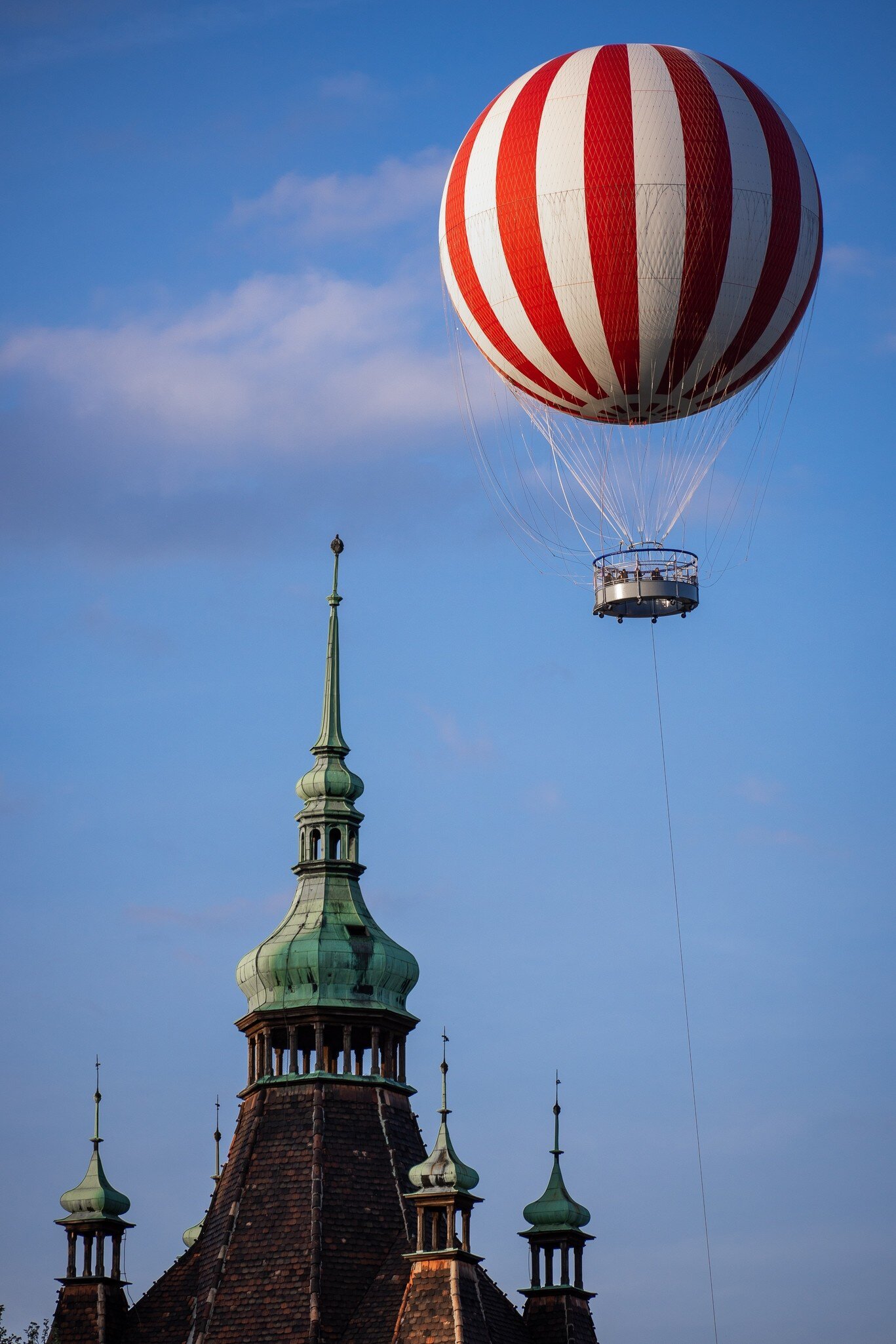 View of a hot air balloon flying above City Park in Budapest, Hungary.