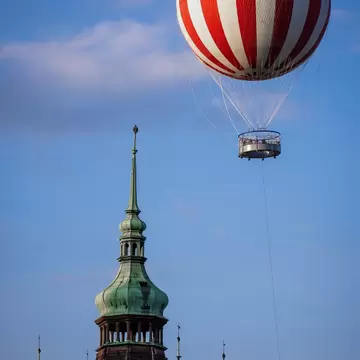 View of a hot air balloon flying above City Park in Budapest, Hungary.