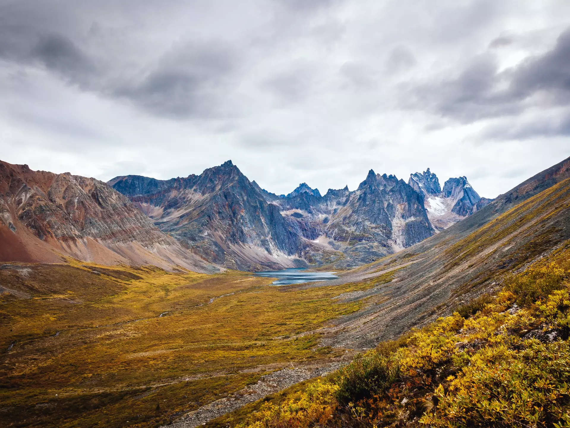 View of the mount Monolith and grizzly lake from the hiking trail of the Tombstone Park in Yukon, Canada