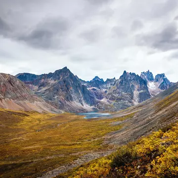 View of the mount Monolith and grizzly lake from the hiking trail of the Tombstone Park in Yukon, Canada