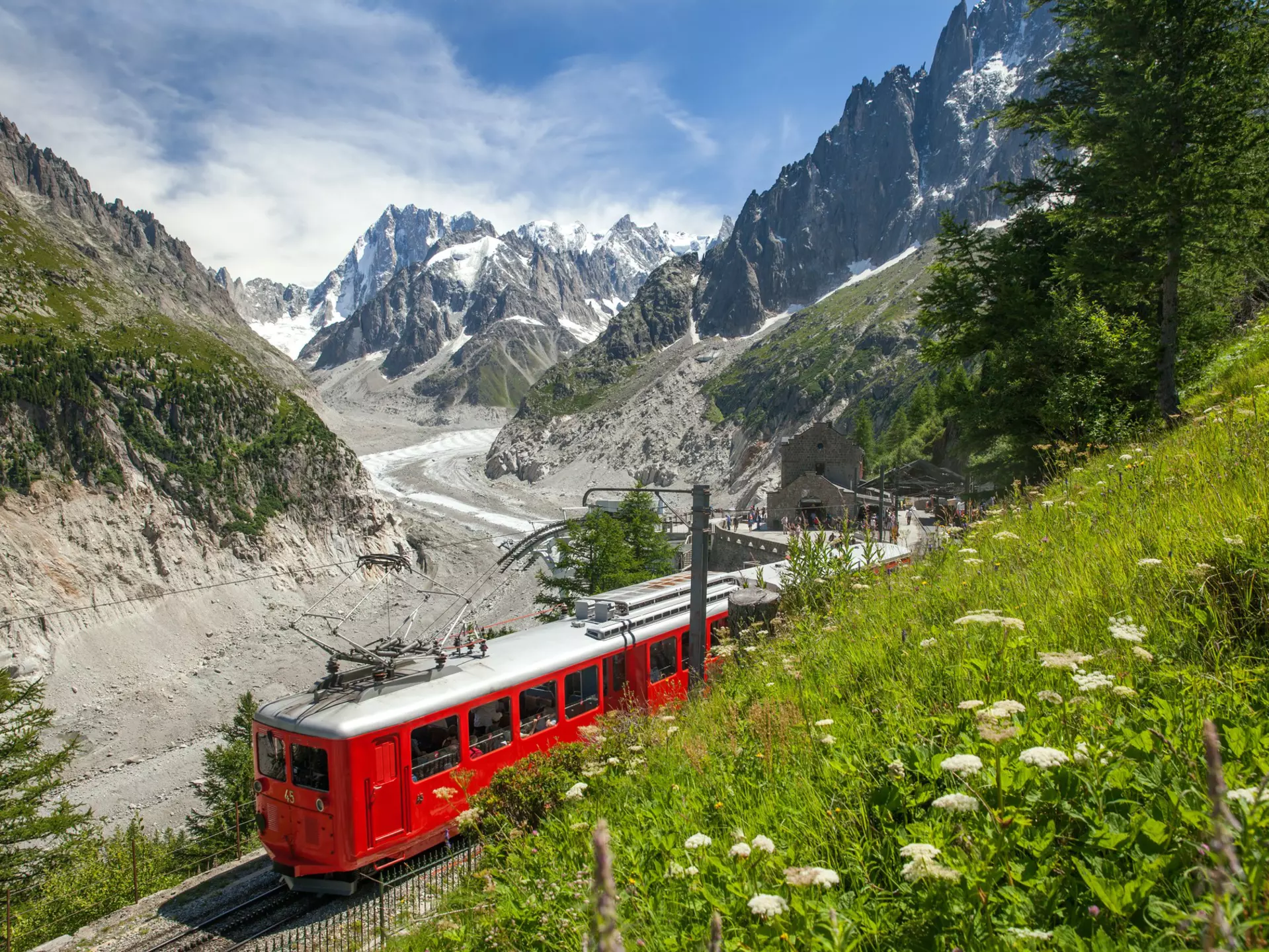 The cherry-red Train du Montenvers in the French Alps. Julia Kuznetsova/Shutterstock