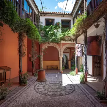 View of the inner courtyard of the Casa de Sefarad in Córdoba, Spain.